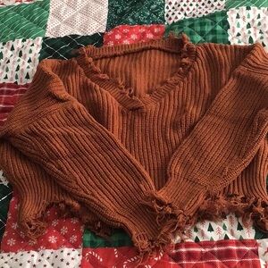 Fringed V-Neck Rust Sweater